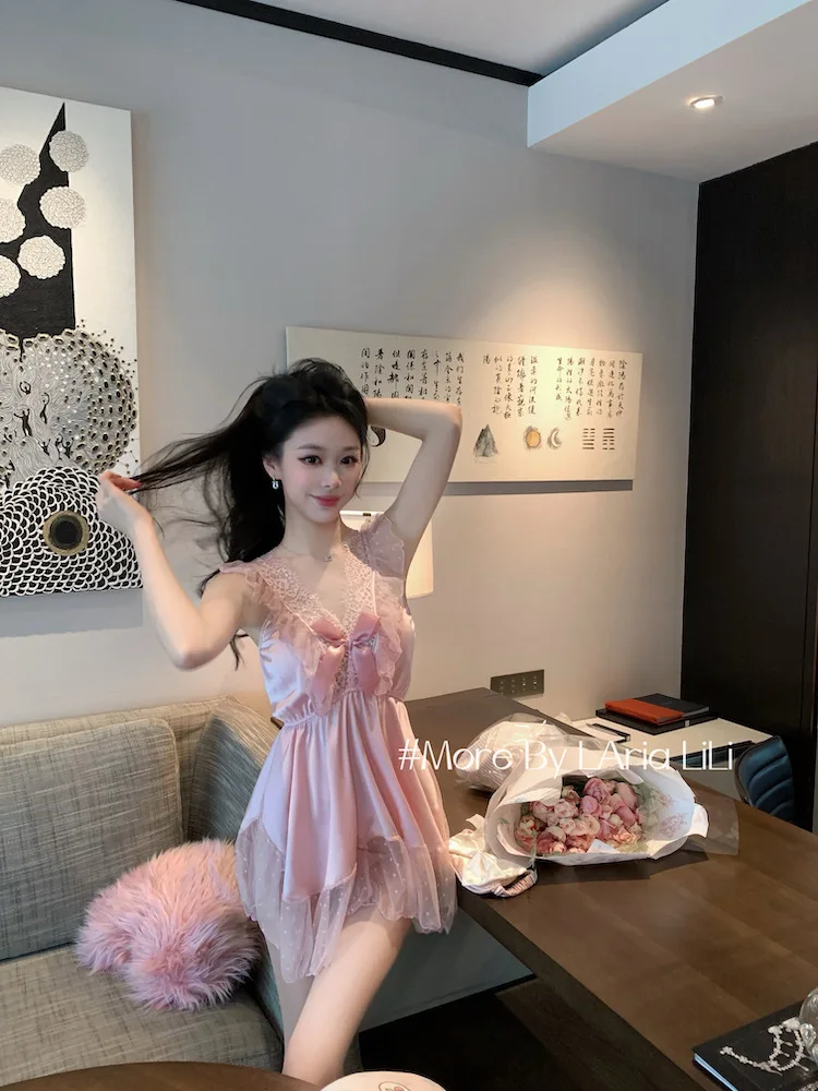 French Style Fairy Cute Pink Nightdress Pure Desire Casaul Style Lace Strap Princess Style Sweet Summer Mesh Dress Elegant M8T1