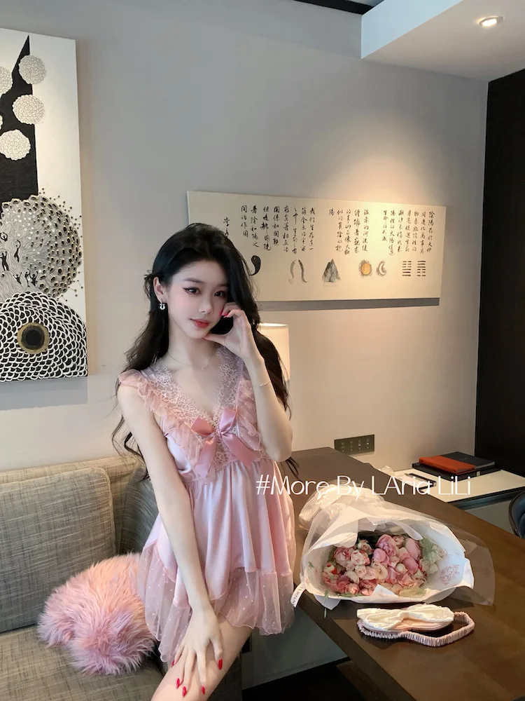 French Style Fairy Cute Pink Nightdress Pure Desire Casaul Style Lace Strap Princess Style Sweet Summer Mesh Dress Elegant M8T1