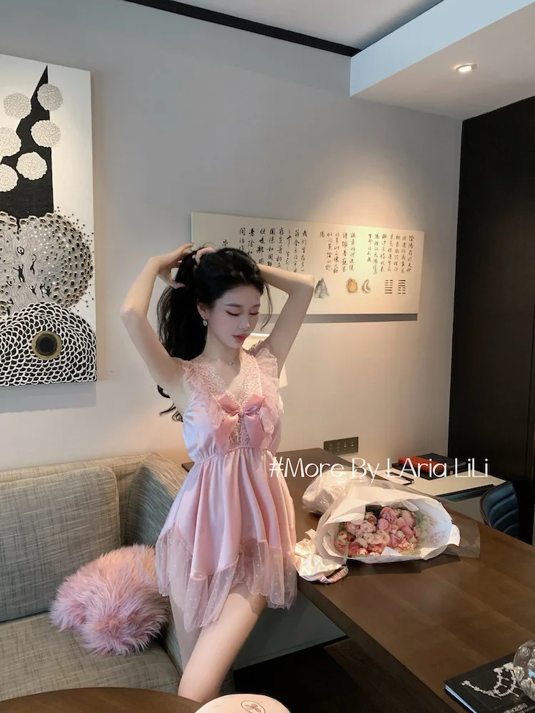French Style Fairy Cute Pink Nightdress Pure Desire Casaul Style Lace Strap Princess Style Sweet Summer Mesh Dress Elegant M8T1