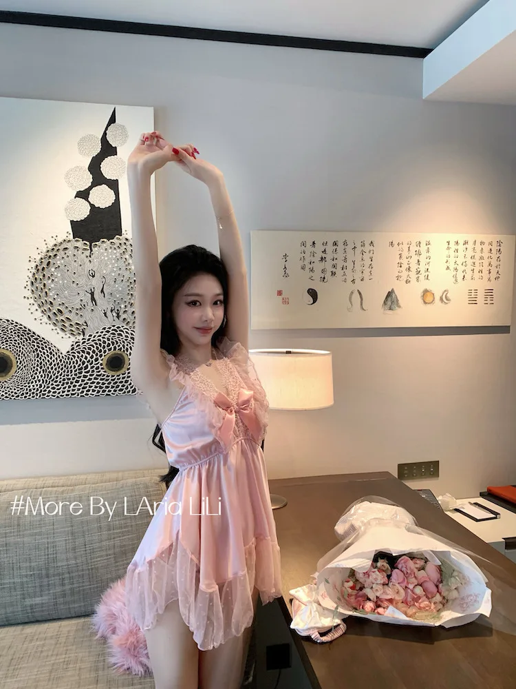 French Style Fairy Cute Pink Nightdress Pure Desire Casaul Style Lace Strap Princess Style Sweet Summer Mesh Dress Elegant M8T1