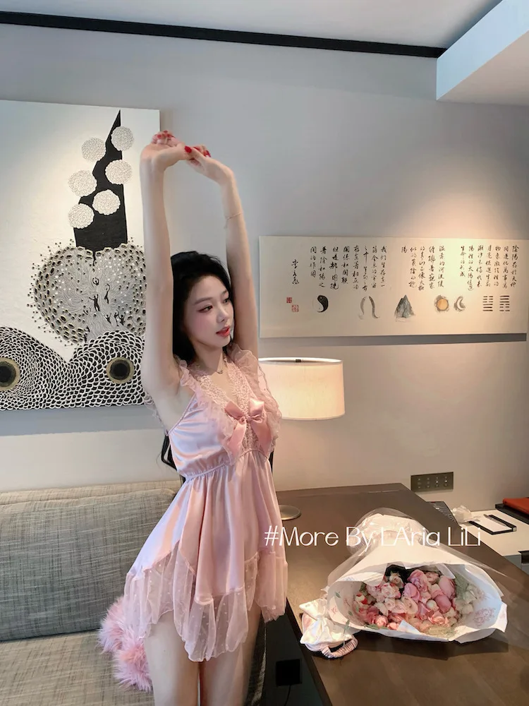 French Style Fairy Cute Pink Nightdress Pure Desire Casaul Style Lace Strap Princess Style Sweet Summer Mesh Dress Elegant M8T1