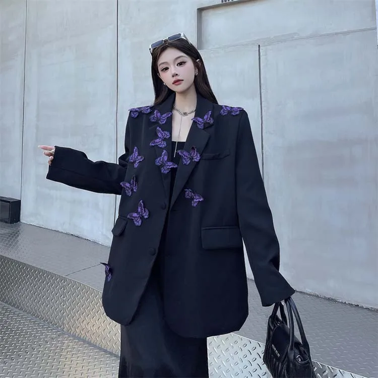 High street butterfly embroidery blazer for women Spring autumn Black Purple Loose Single breasted jacket 2026 New INKEO 5O113