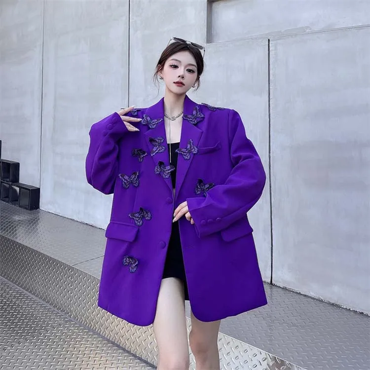 High street butterfly embroidery blazer for women Spring autumn Black Purple Loose Single breasted jacket 2026 New INKEO 5O113