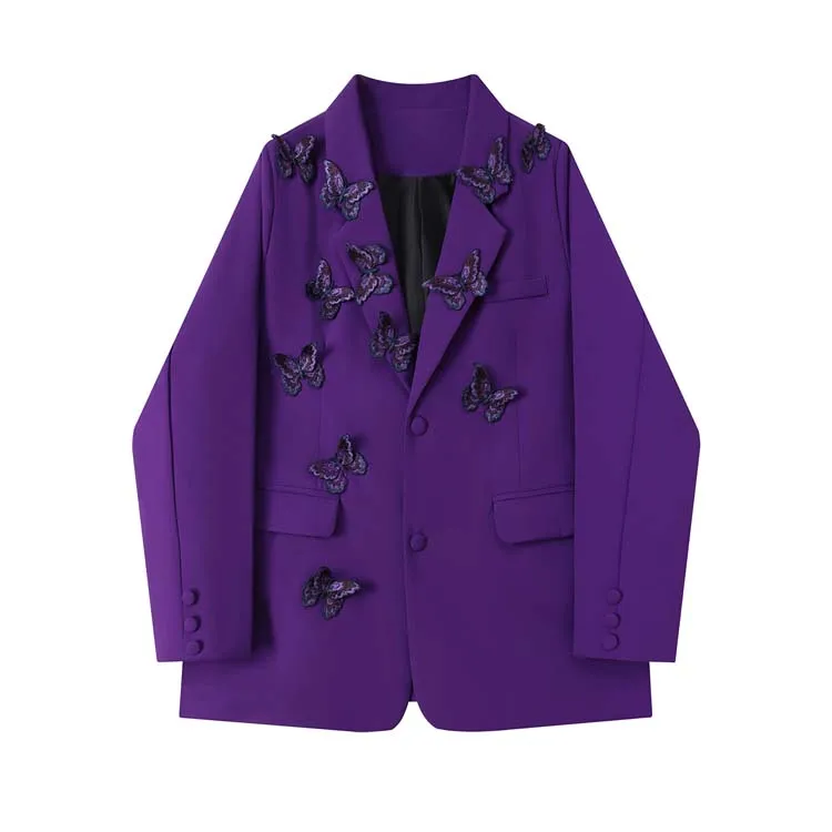 High street butterfly embroidery blazer for women Spring autumn Black Purple Loose Single breasted jacket 2026 New INKEO 5O113