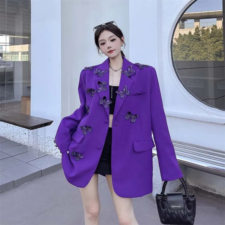 High street butterfly embroidery blazer for women Spring autumn Black Purple Loose Single breasted jacket 2026 New INKEO 5O113