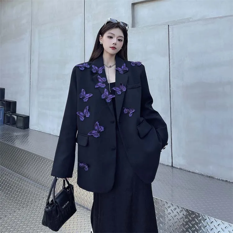 High street butterfly embroidery blazer for women Spring autumn Black Purple Loose Single breasted jacket 2026 New INKEO 5O113