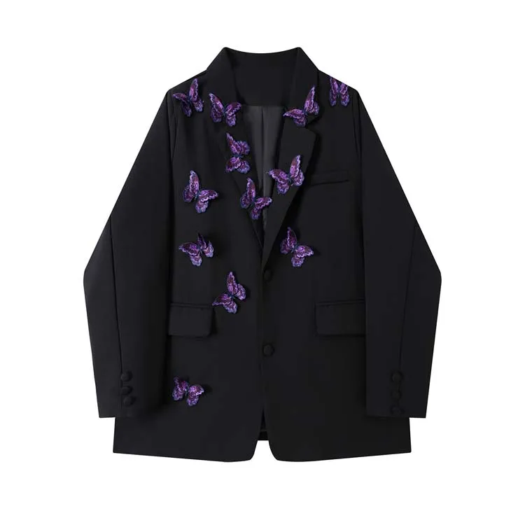 High street butterfly embroidery blazer for women Spring autumn Black Purple Loose Single breasted jacket 2026 New INKEO 5O113