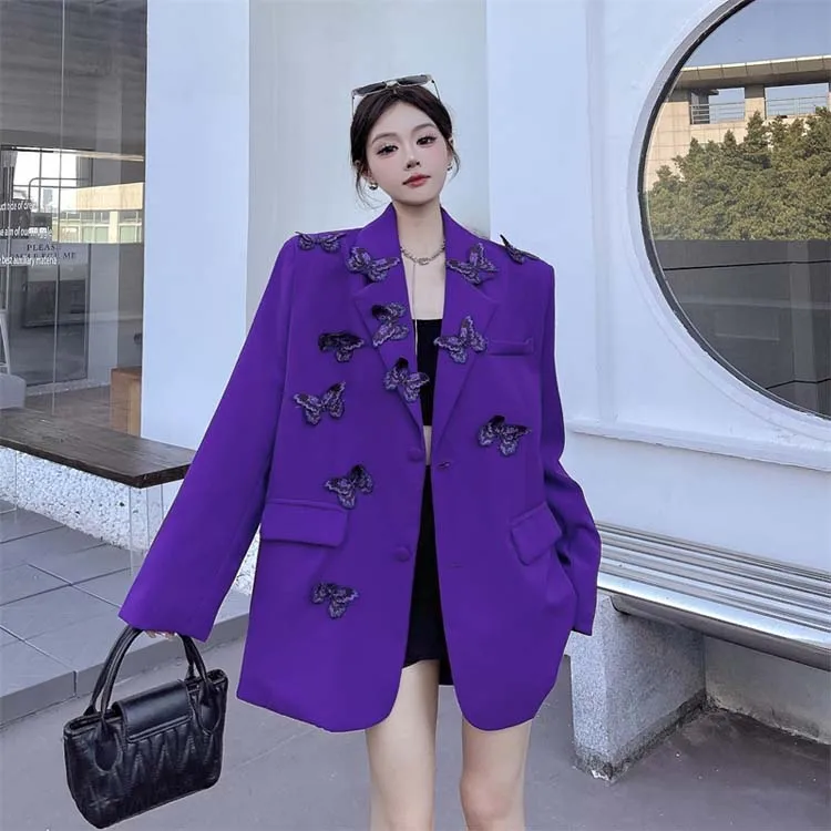 High street butterfly embroidery blazer for women Spring autumn Black Purple Loose Single breasted jacket 2026 New INKEO 5O113