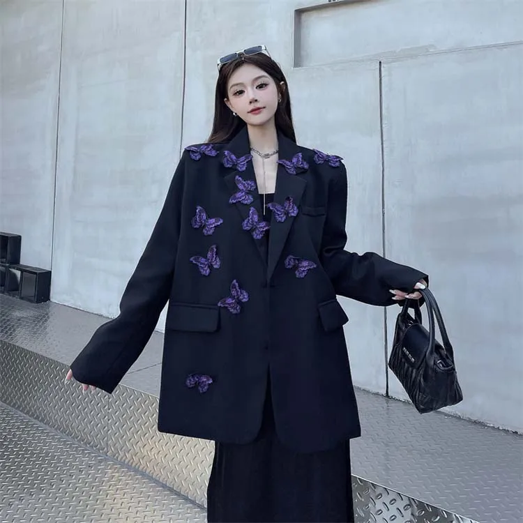 High street butterfly embroidery blazer for women Spring autumn Black Purple Loose Single breasted jacket 2026 New INKEO 5O113