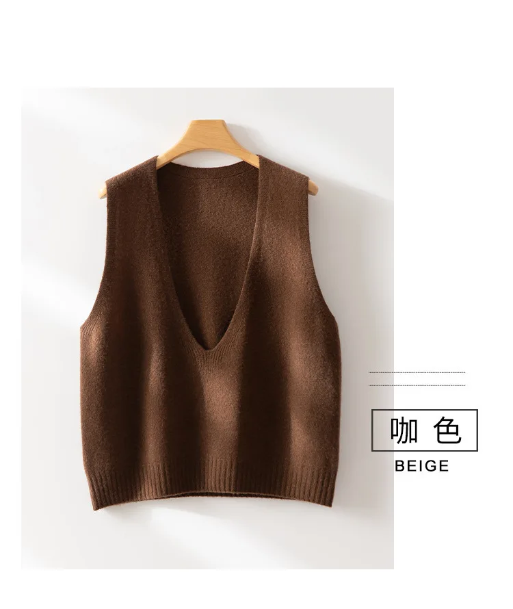 100% Wool Seamless Sweater Vest,Women Autumn Winter V-Neck Loose Sleeveless Knitted Tops