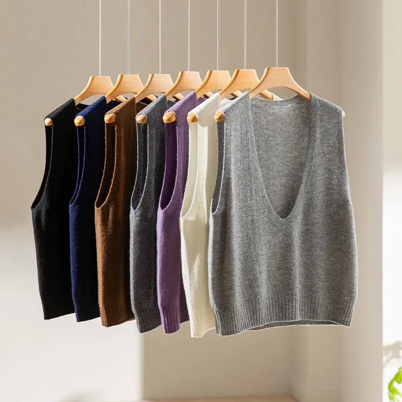 100% Wool Seamless Sweater Vest,Women Autumn Winter V-Neck Loose Sleeveless Knitted Tops
