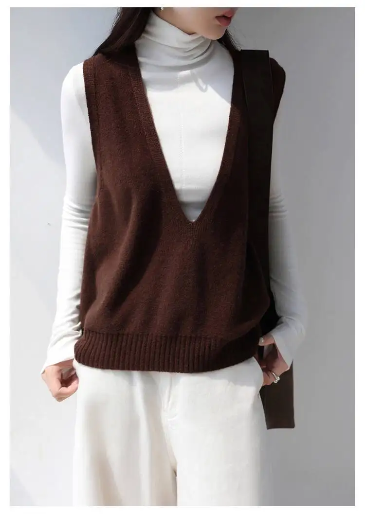 100% Wool Seamless Sweater Vest,Women Autumn Winter V-Neck Loose Sleeveless Knitted Tops