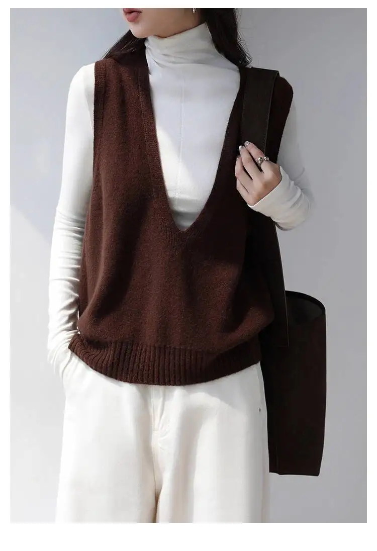 100% Wool Seamless Sweater Vest,Women Autumn Winter V-Neck Loose Sleeveless Knitted Tops