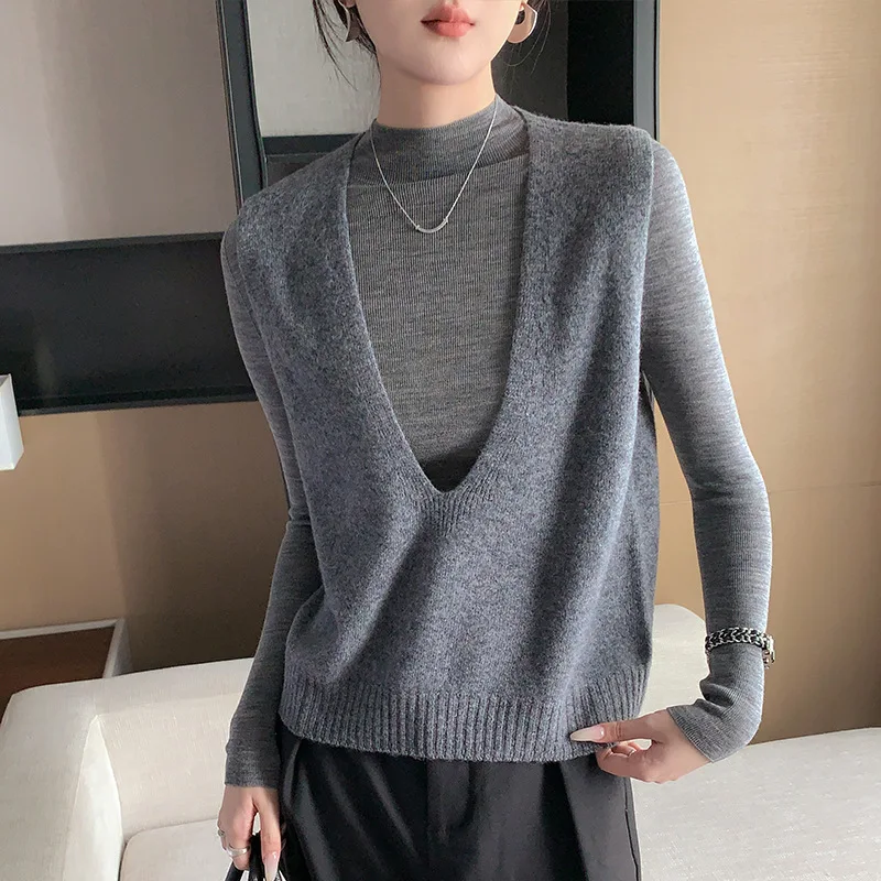 100% Wool Seamless Sweater Vest,Women Autumn Winter V-Neck Loose Sleeveless Knitted Tops