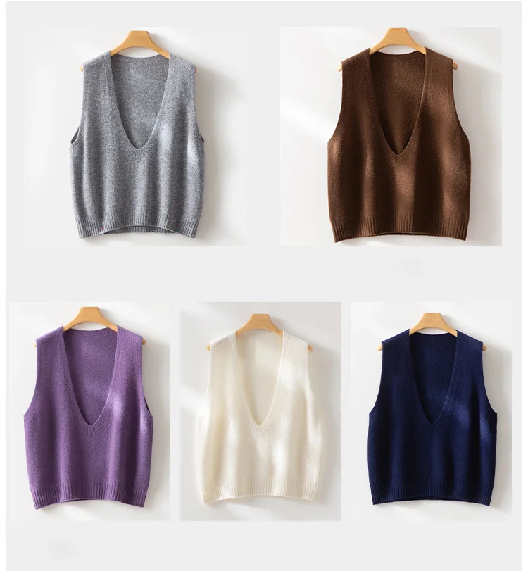 100% Wool Seamless Sweater Vest,Women Autumn Winter V-Neck Loose Sleeveless Knitted Tops