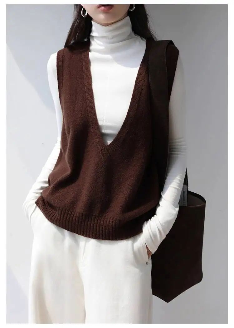 100% Wool Seamless Sweater Vest,Women Autumn Winter V-Neck Loose Sleeveless Knitted Tops