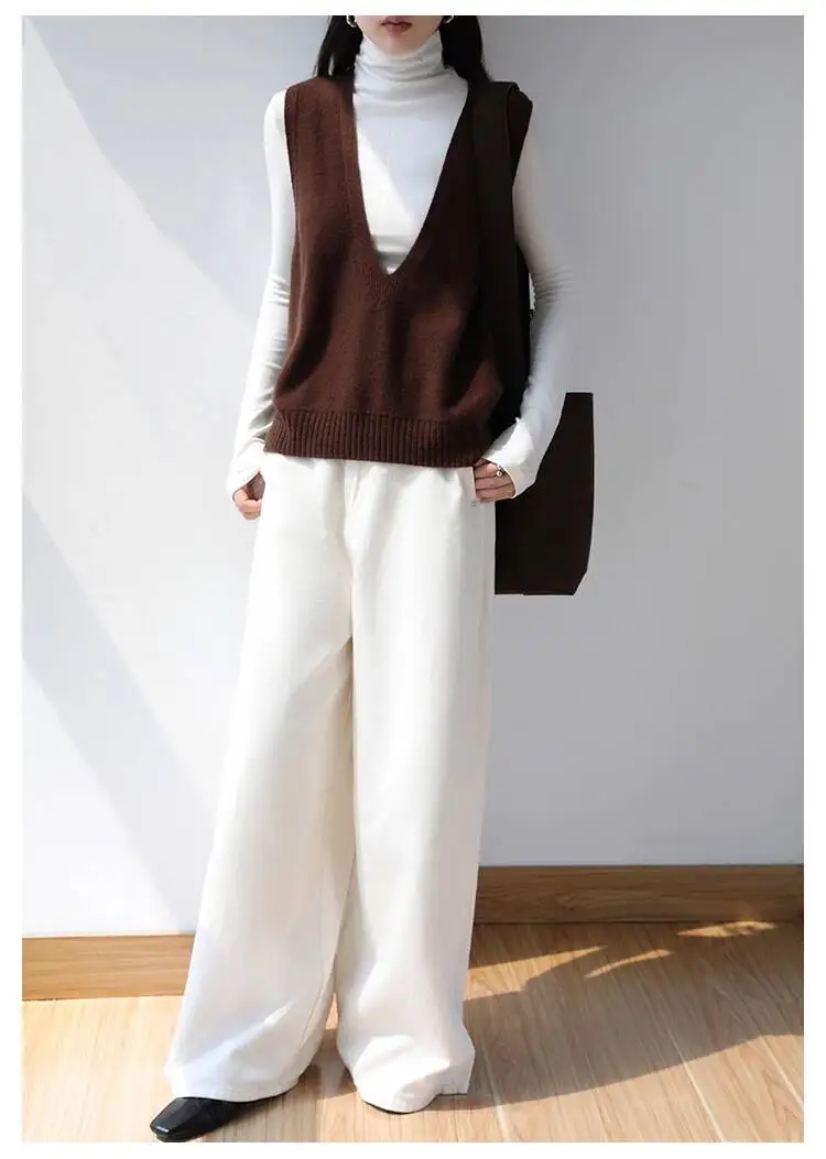 100% Wool Seamless Sweater Vest,Women Autumn Winter V-Neck Loose Sleeveless Knitted Tops