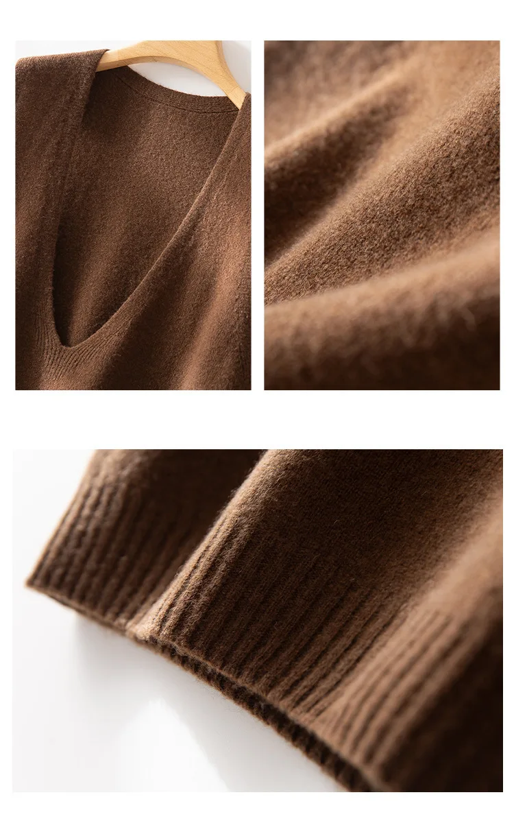 100% Wool Seamless Sweater Vest,Women Autumn Winter V-Neck Loose Sleeveless Knitted Tops