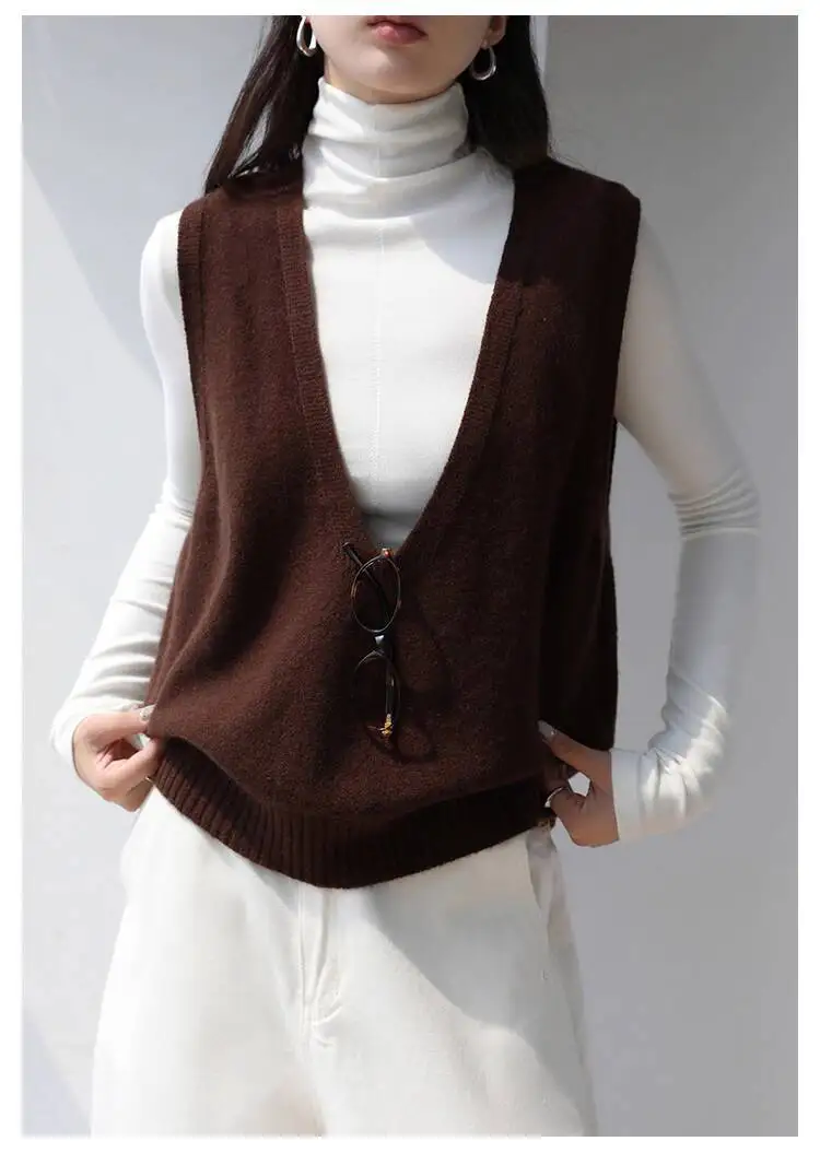 100% Wool Seamless Sweater Vest,Women Autumn Winter V-Neck Loose Sleeveless Knitted Tops