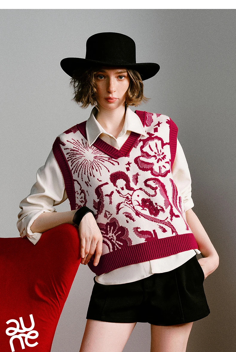 TOYOUTH Mengzhu Daji Co-branded New Year Knit Vest for Women 2025 Winter New Artistic Year of the Horse Totem Waistcoat Top