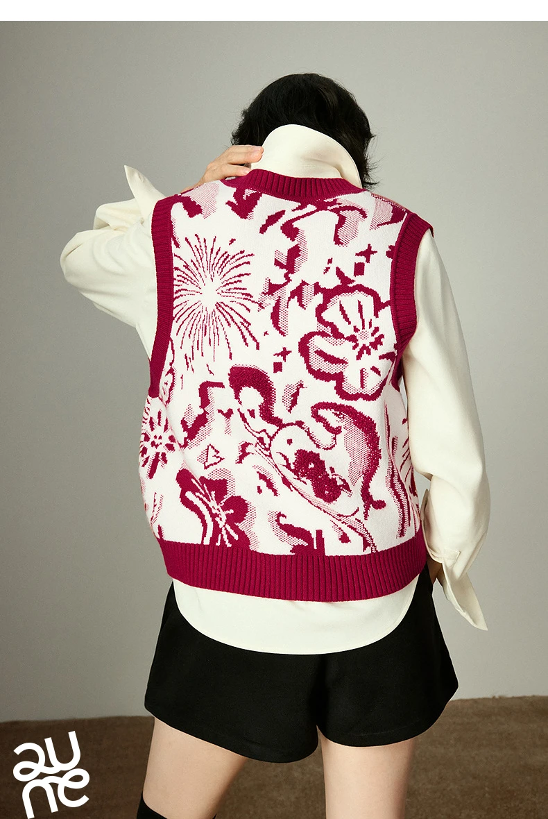TOYOUTH Mengzhu Daji Co-branded New Year Knit Vest for Women 2025 Winter New Artistic Year of the Horse Totem Waistcoat Top