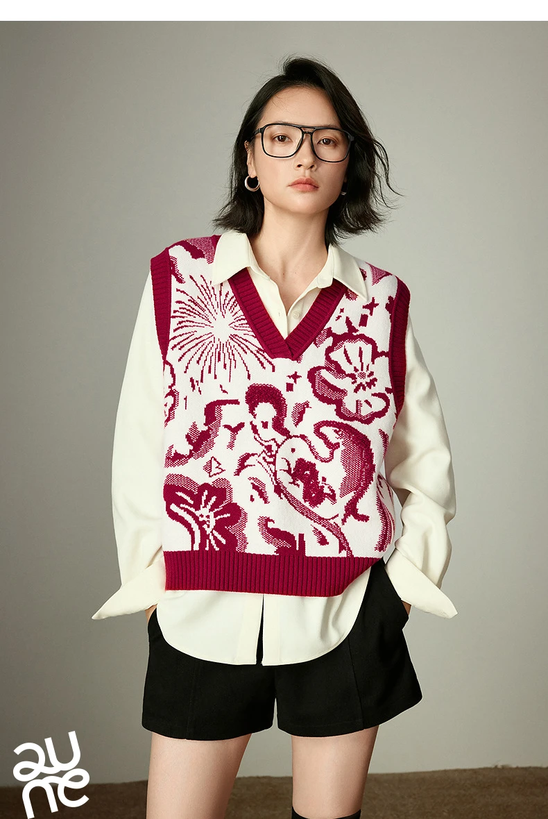 TOYOUTH Mengzhu Daji Co-branded New Year Knit Vest for Women 2025 Winter New Artistic Year of the Horse Totem Waistcoat Top