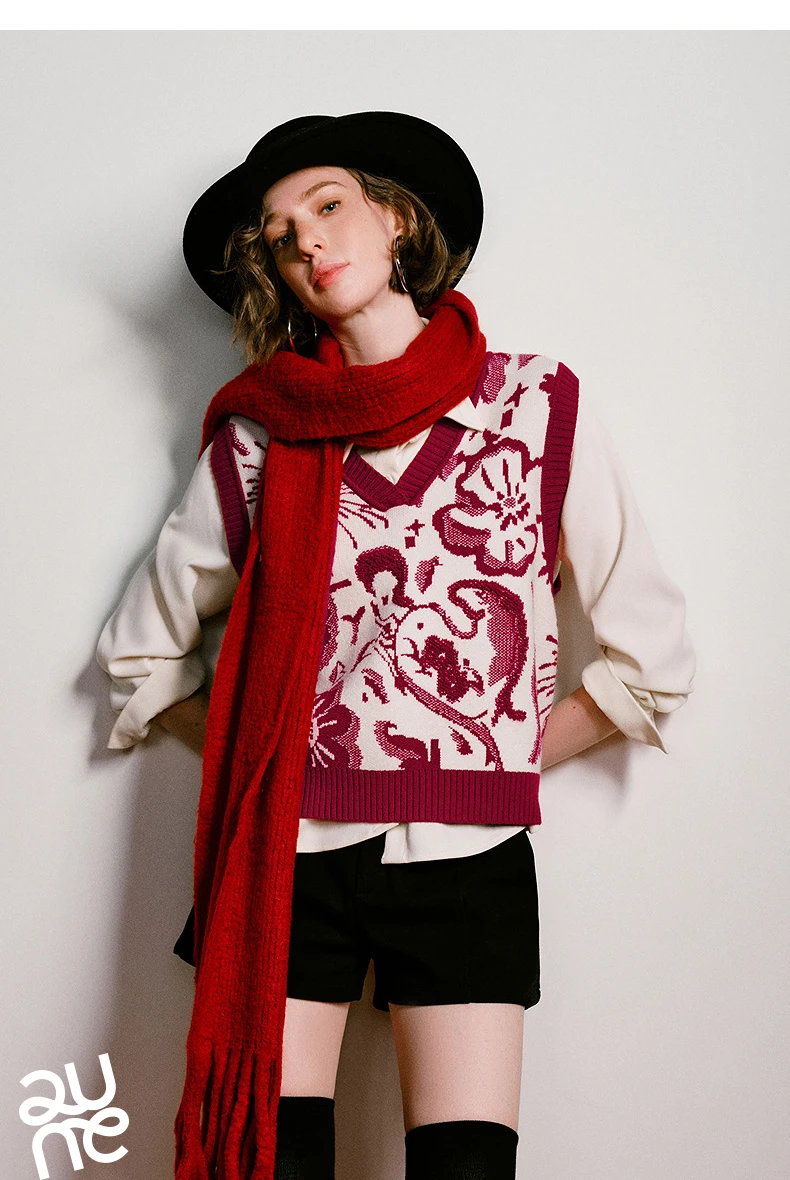 TOYOUTH Mengzhu Daji Co-branded New Year Knit Vest for Women 2025 Winter New Artistic Year of the Horse Totem Waistcoat Top
