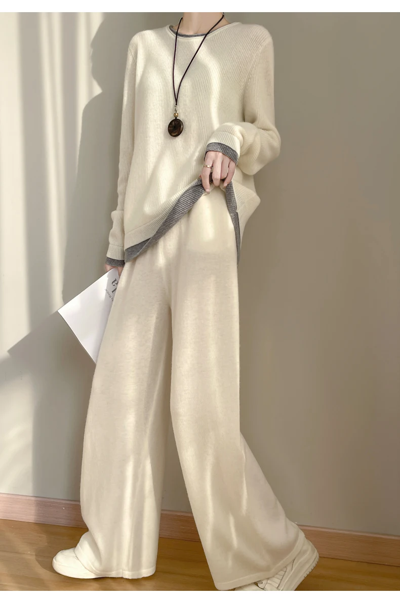 Women 100% Merino Wool Two Piece Sets Fake Two piece Sweater+Wide Leg Pant Casual Set Autumn Winter Color Blocked Loose Clothing
