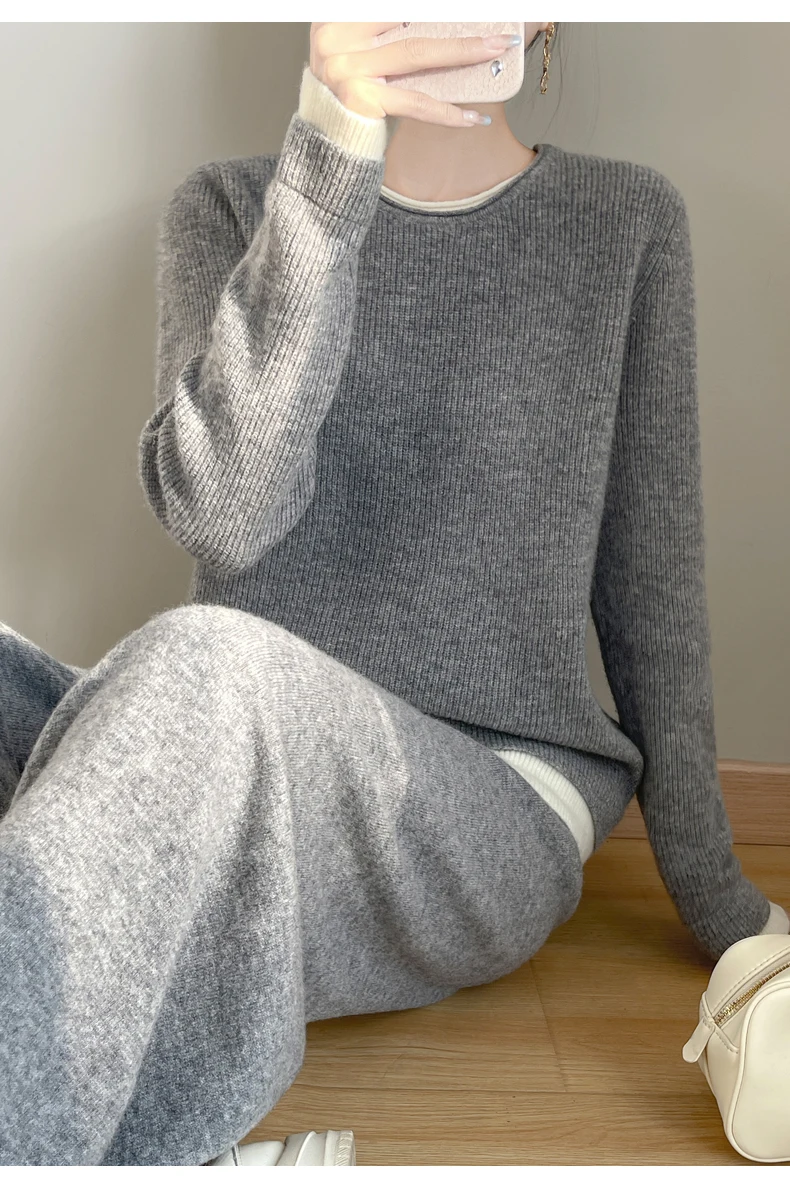 Women 100% Merino Wool Two Piece Sets Fake Two piece Sweater+Wide Leg Pant Casual Set Autumn Winter Color Blocked Loose Clothing