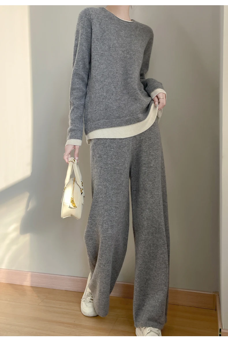 Women 100% Merino Wool Two Piece Sets Fake Two piece Sweater+Wide Leg Pant Casual Set Autumn Winter Color Blocked Loose Clothing