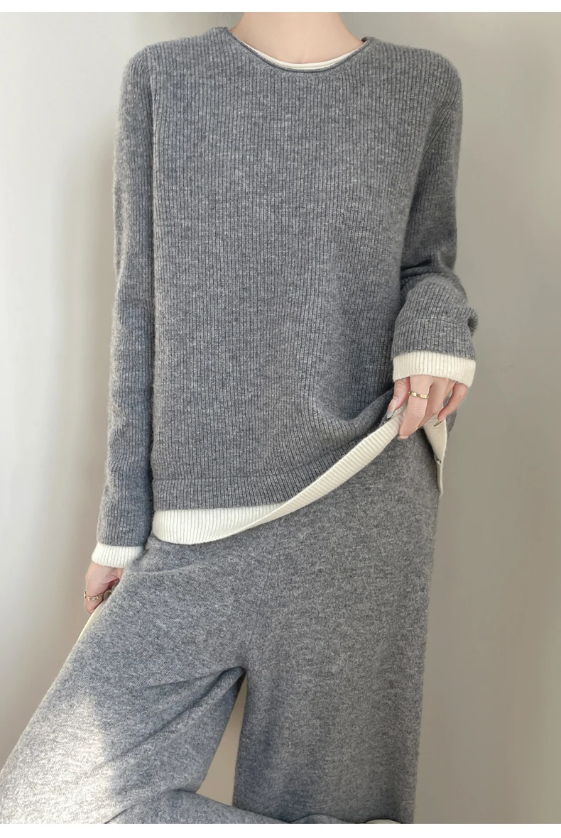 Women 100% Merino Wool Two Piece Sets Fake Two piece Sweater+Wide Leg Pant Casual Set Autumn Winter Color Blocked Loose Clothing