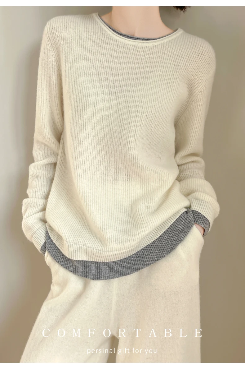 Women 100% Merino Wool Two Piece Sets Fake Two piece Sweater+Wide Leg Pant Casual Set Autumn Winter Color Blocked Loose Clothing