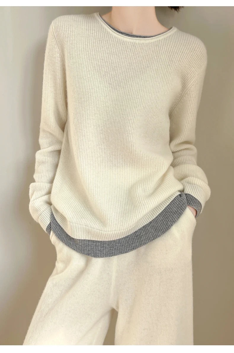 Women 100% Merino Wool Two Piece Sets Fake Two piece Sweater+Wide Leg Pant Casual Set Autumn Winter Color Blocked Loose Clothing