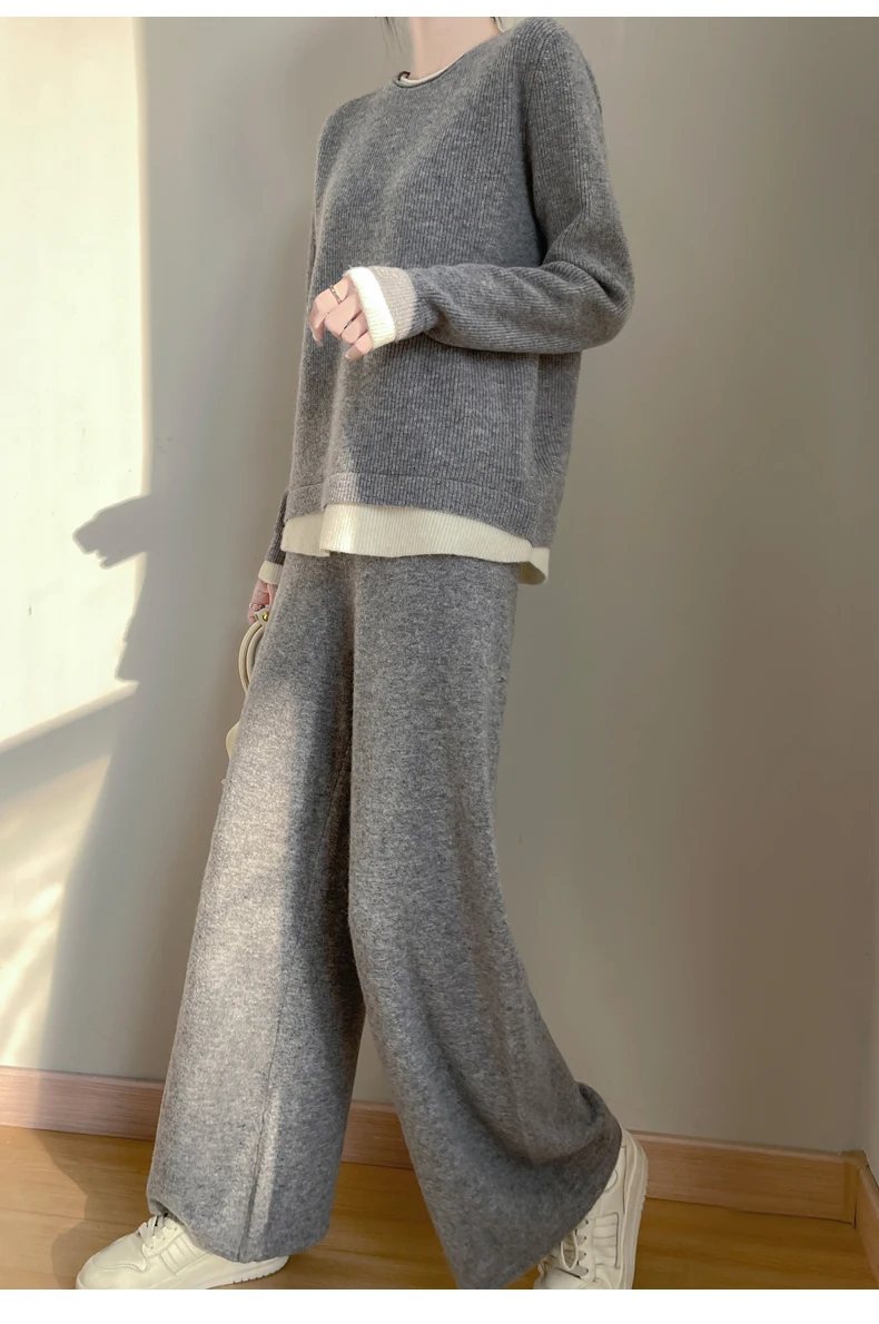 Women 100% Merino Wool Two Piece Sets Fake Two piece Sweater+Wide Leg Pant Casual Set Autumn Winter Color Blocked Loose Clothing
