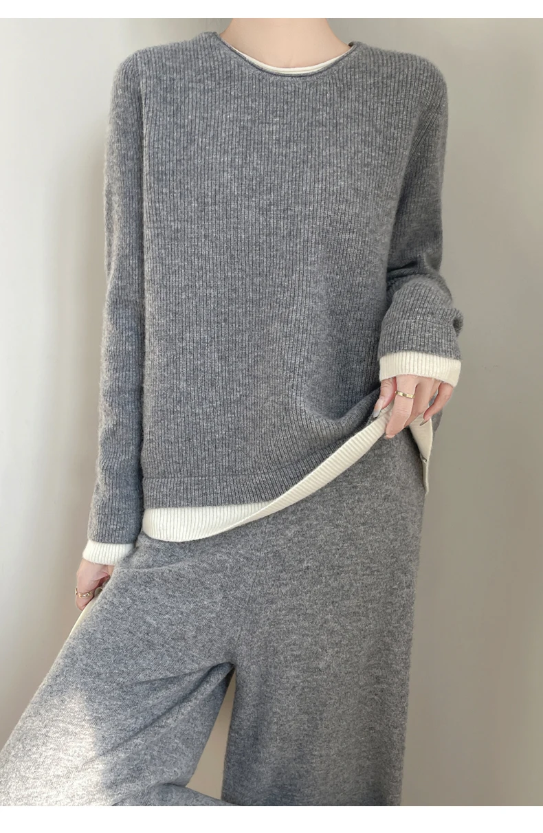 Women 100% Merino Wool Two Piece Sets Fake Two piece Sweater+Wide Leg Pant Casual Set Autumn Winter Color Blocked Loose Clothing