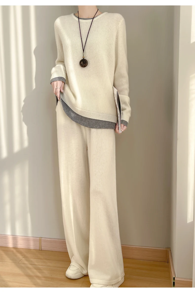 Women 100% Merino Wool Two Piece Sets Fake Two piece Sweater+Wide Leg Pant Casual Set Autumn Winter Color Blocked Loose Clothing