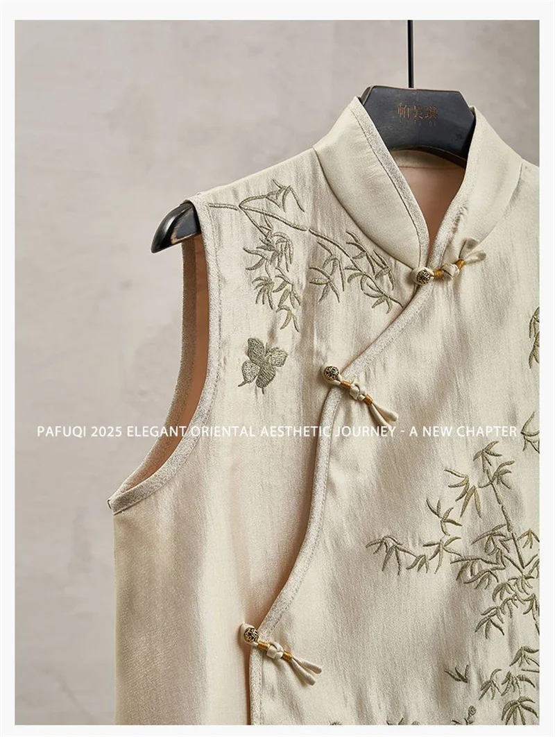 New Fashion Loose Cardigan Embroidery Inclined Placket Stand Collar Vest top Light National Style Women's Spring and Summer