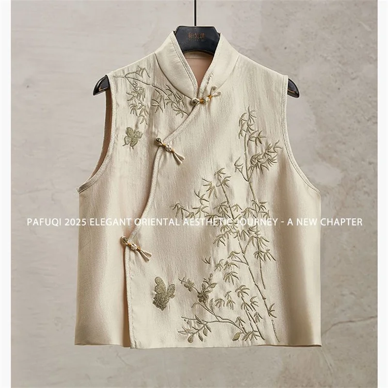 New Fashion Loose Cardigan Embroidery Inclined Placket Stand Collar Vest top Light National Style Women's Spring and Summer