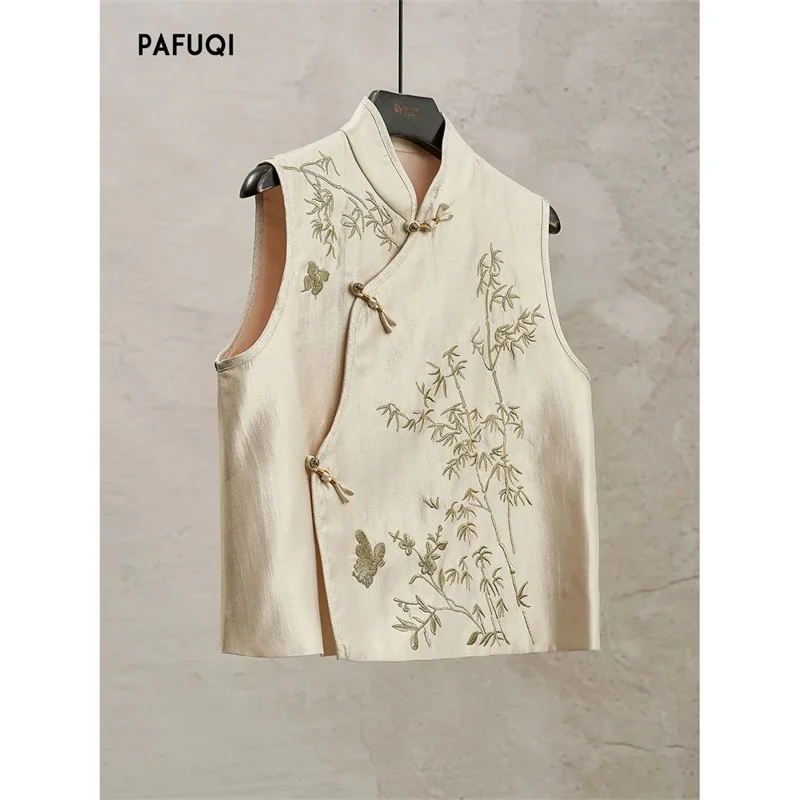 New Fashion Loose Cardigan Embroidery Inclined Placket Stand Collar Vest top Light National Style Women's Spring and Summer