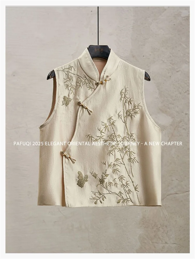 New Fashion Loose Cardigan Embroidery Inclined Placket Stand Collar Vest top Light National Style Women's Spring and Summer