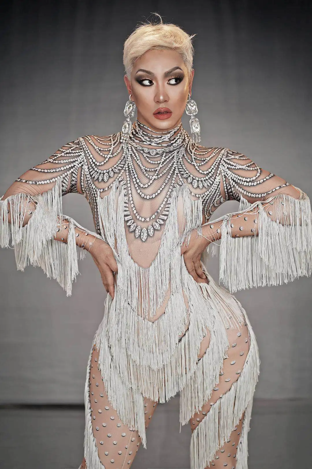 Classic Spandex Tassel Jumpsuit for Women Nightclub Party Sexy Elastic Jumpsuit Event Showgirl Stage Performance Costume Huichen