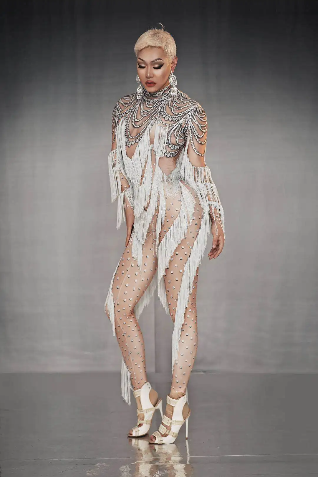 Classic Spandex Tassel Jumpsuit for Women Nightclub Party Sexy Elastic Jumpsuit Event Showgirl Stage Performance Costume Huichen