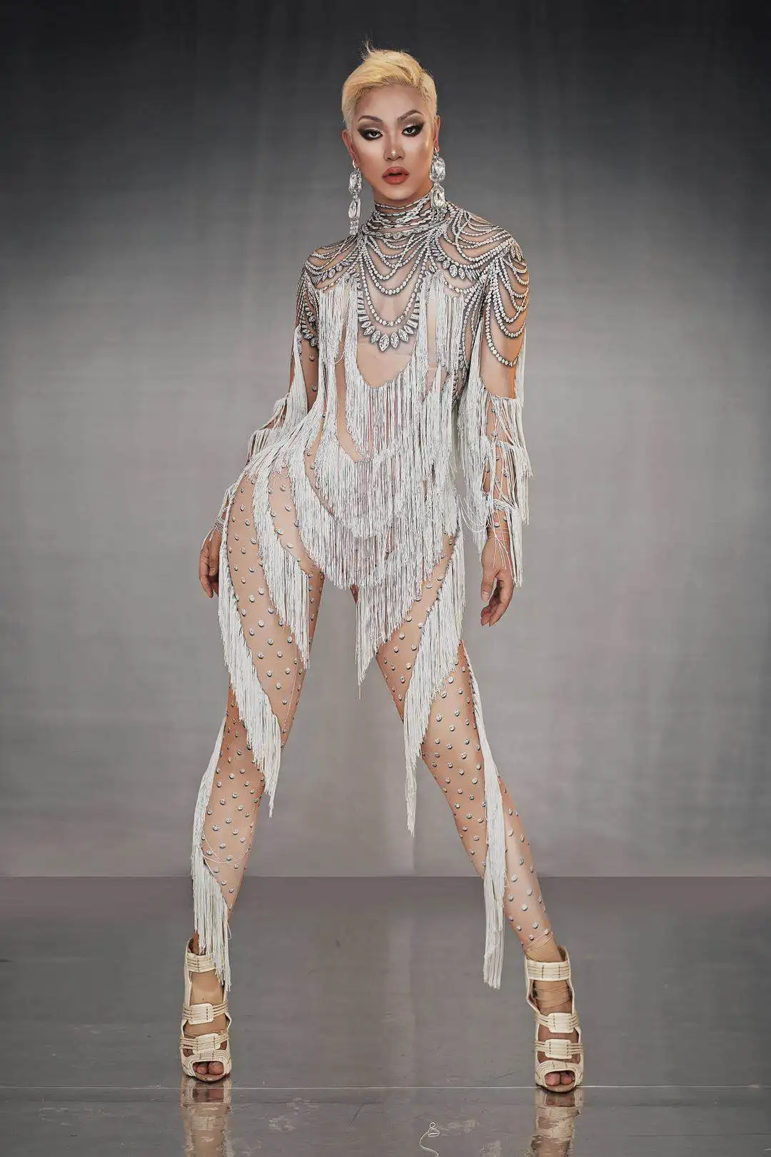Classic Spandex Tassel Jumpsuit for Women Nightclub Party Sexy Elastic Jumpsuit Event Showgirl Stage Performance Costume Huichen