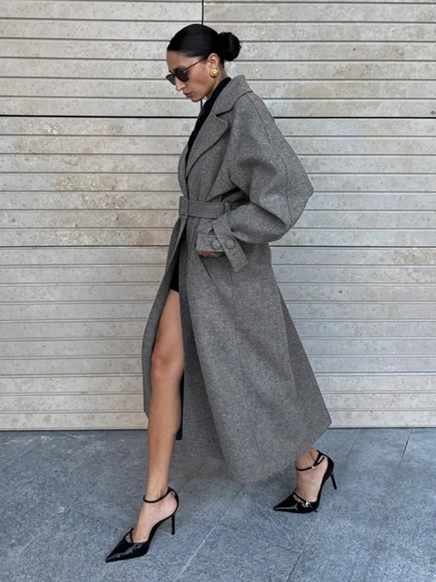 Bornladies Women's Fashion New Autumn Winter Extra Long Belted Loose Wool Coat Elegant Woolen Outerwear Jackets