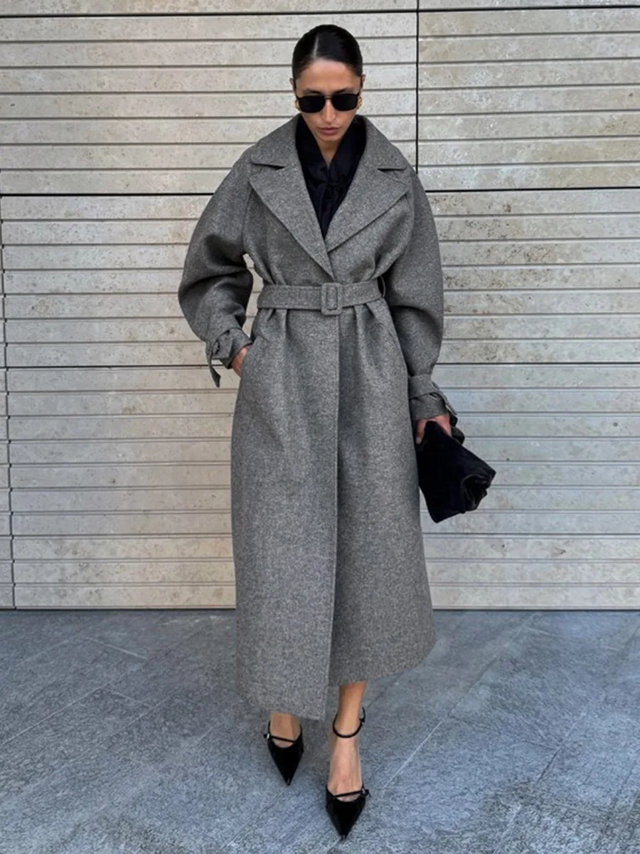 Bornladies Women's Fashion New Autumn Winter Extra Long Belted Loose Wool Coat Elegant Woolen Outerwear Jackets