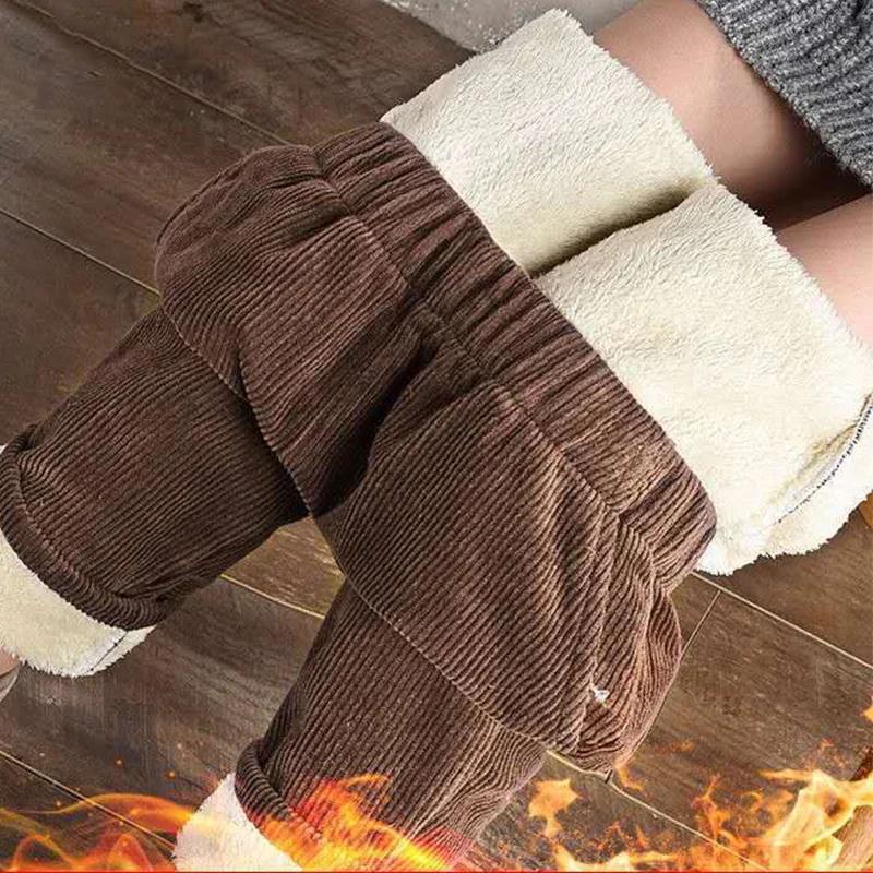 Corduroy High Waist Women's Cotton Pants Fleece Lined Thick Warm Trousers Women 2025 Winter Pockets Solid Color Pants for Woman