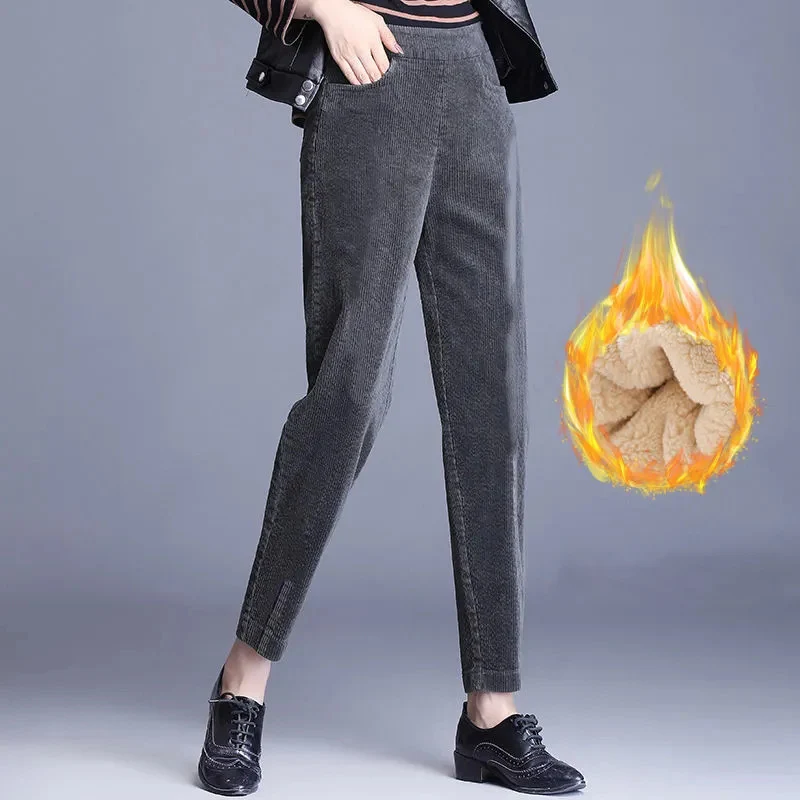 Corduroy High Waist Women's Cotton Pants Fleece Lined Thick Warm Trousers Women 2025 Winter Pockets Solid Color Pants for Woman