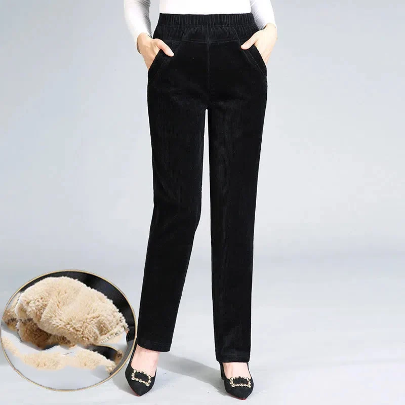 Corduroy High Waist Women's Cotton Pants Fleece Lined Thick Warm Trousers Women 2025 Winter Pockets Solid Color Pants for Woman