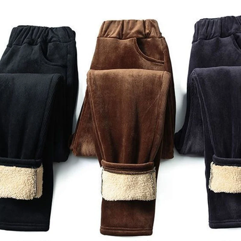 Corduroy High Waist Women's Cotton Pants Fleece Lined Thick Warm Trousers Women 2025 Winter Pockets Solid Color Pants for Woman