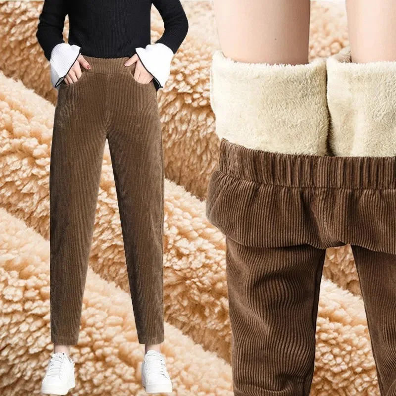 Corduroy High Waist Women's Cotton Pants Fleece Lined Thick Warm Trousers Women 2025 Winter Pockets Solid Color Pants for Woman